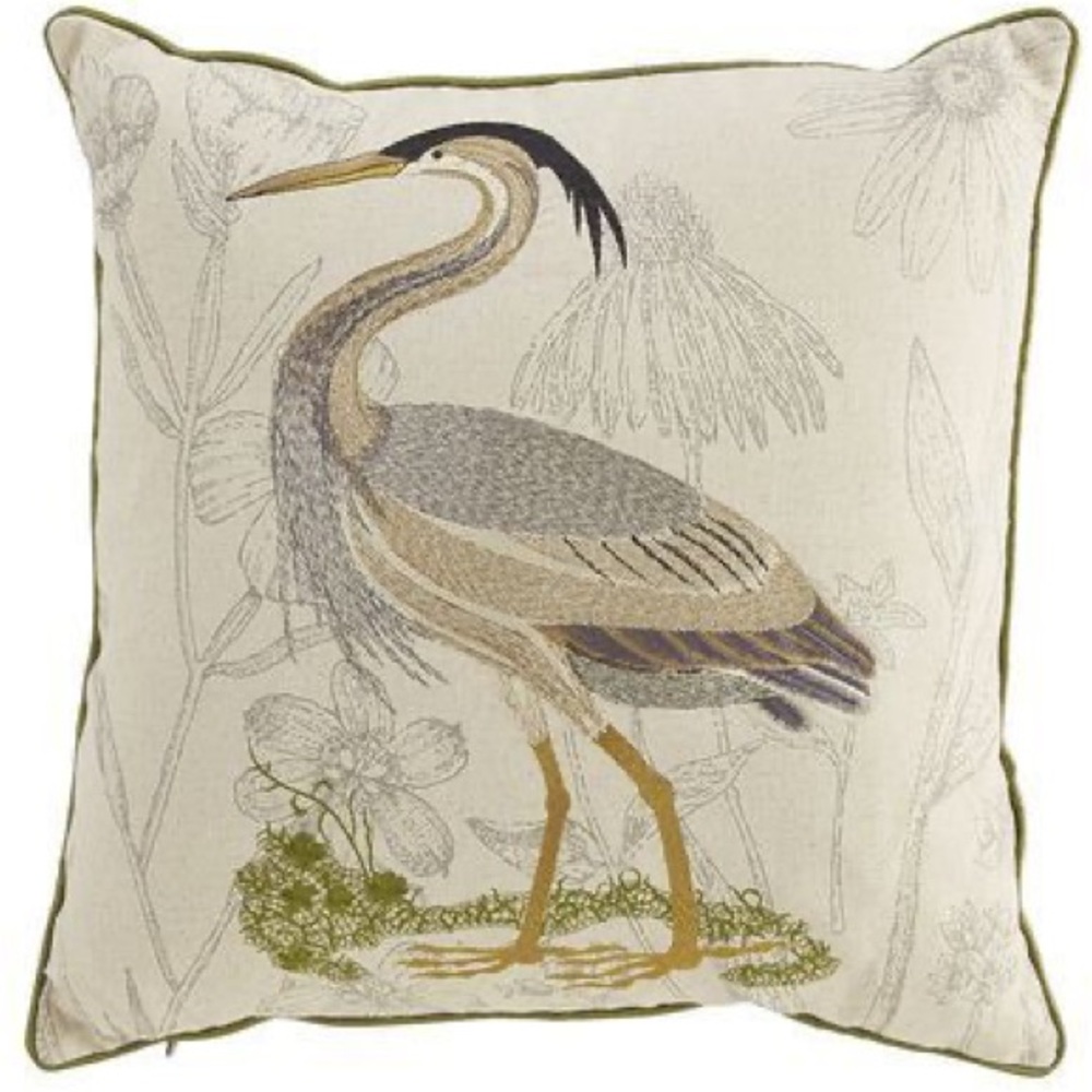 Pier 1 Neutral Heron Embroidered Accent Pillow with Olive Piping